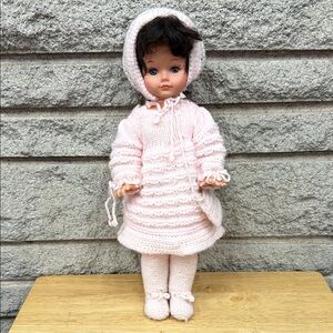 Vintage Reliable Doll with Hand-Knit Light Pink Doll Outfit Set